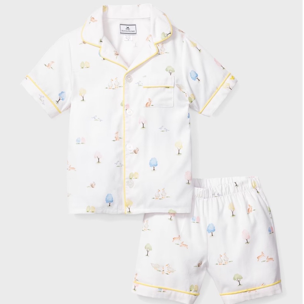 Petite Plume Easter Gardens Short Set Pajamas White Bunny Duck Kids Size 6 New
